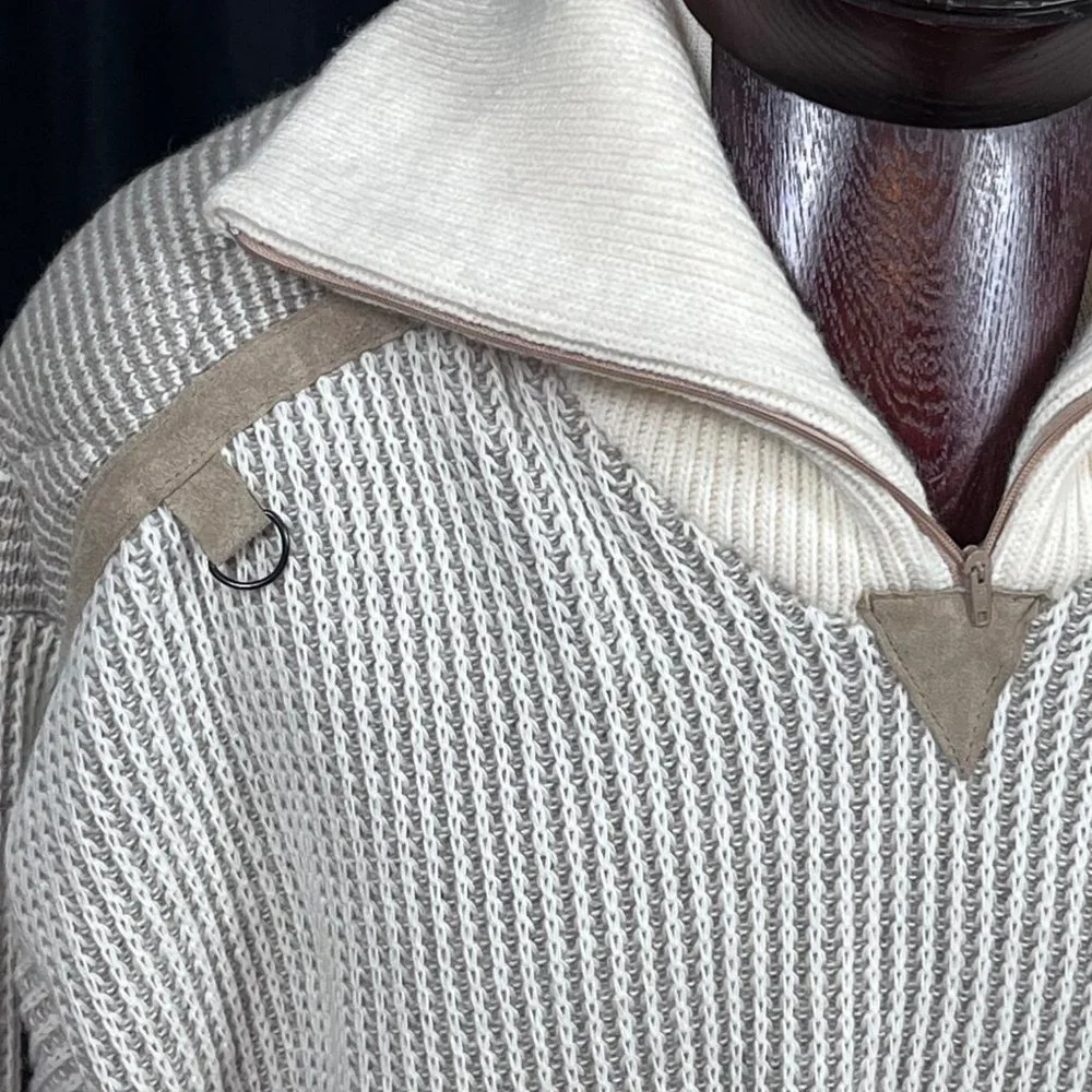 Men's Sweater Argentina Knit Leather Patches 1/8 Zip Size‎ L Off White Cream XL